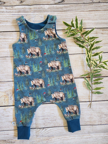 Cubs in the Woods-blue Harem Romper-6-9m