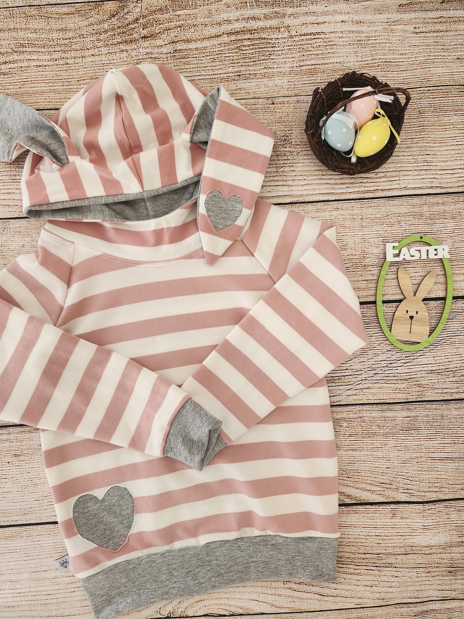 Heart Bunny Hoodie-Pink stripe- Made to Order