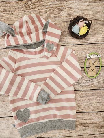 Heart Bunny Hoodie-Pink stripe- Made to Order