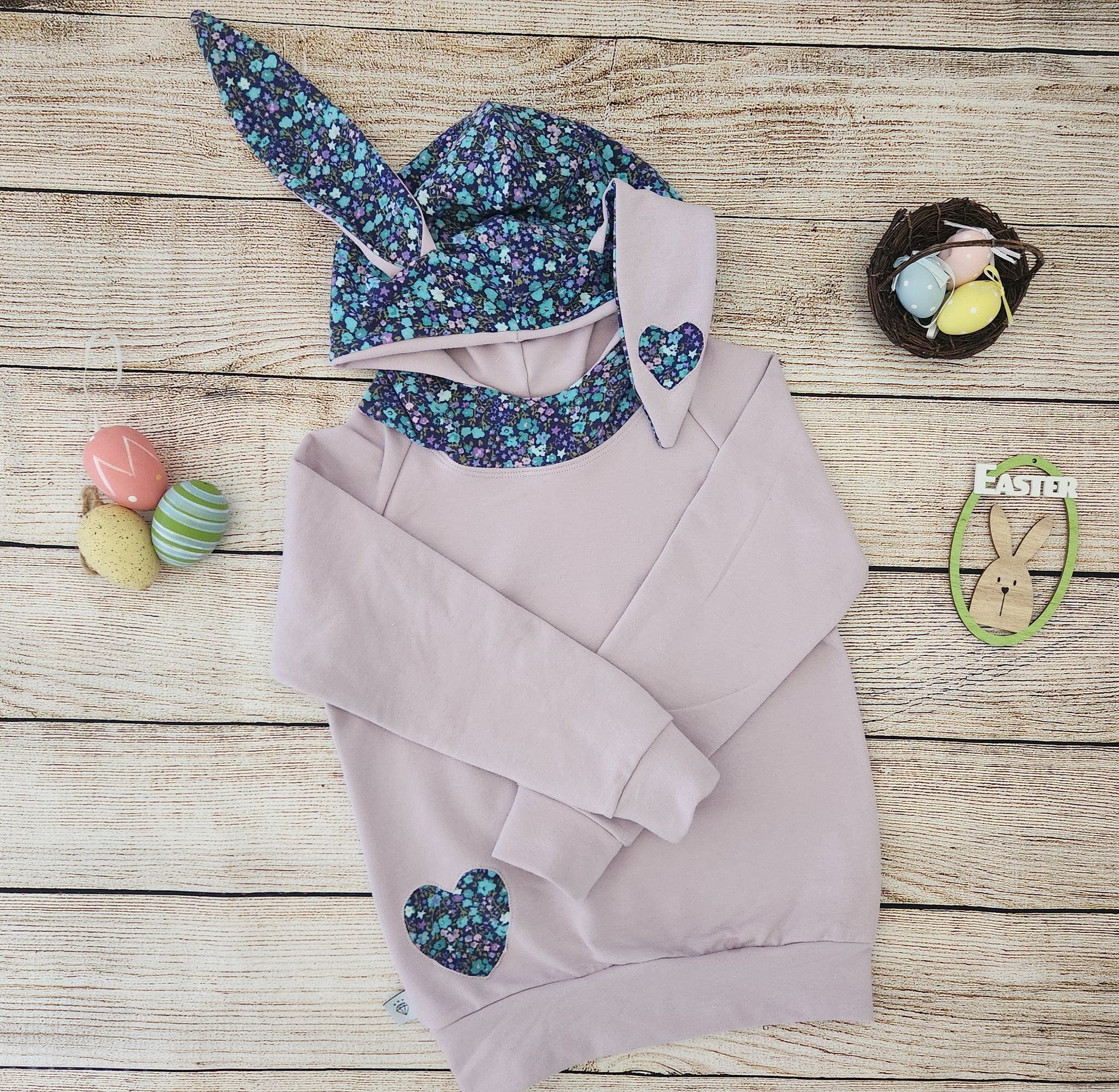 Heart Bunny Hoodie-Lilac/ blue floral- Made to Order