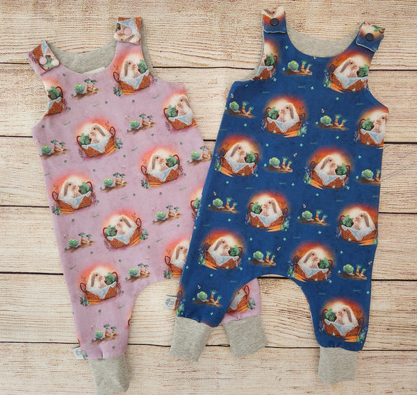 Bunnies in baskets harem romper( heather)-made to order