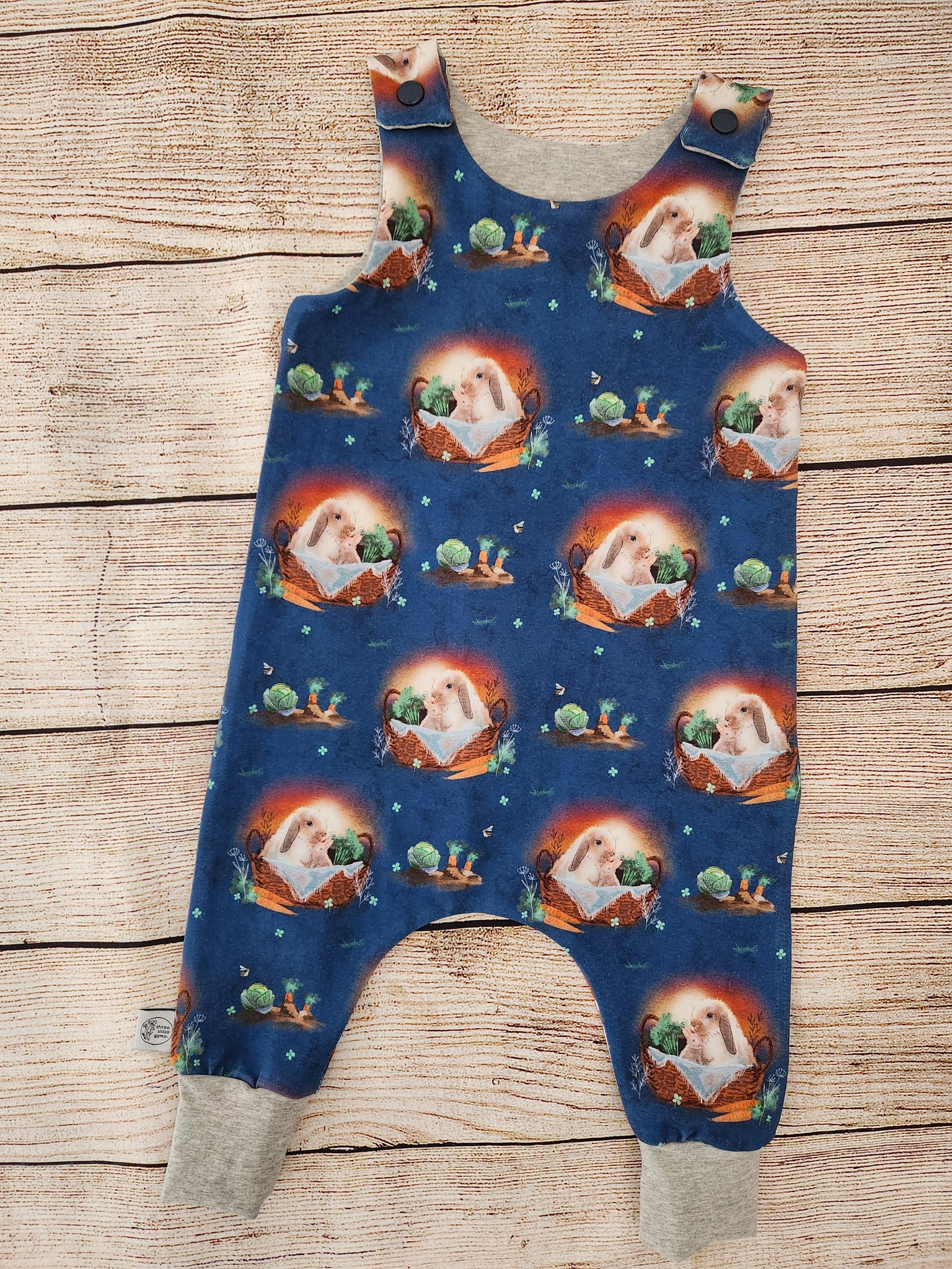 Bunnies in baskets harem romper(navy)-made to order
